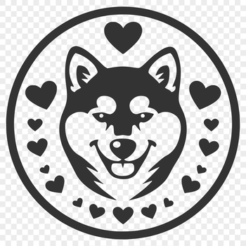 A stylized illustration of a Shiba Inu's head, featuring love hearts surrounding the dog's face.