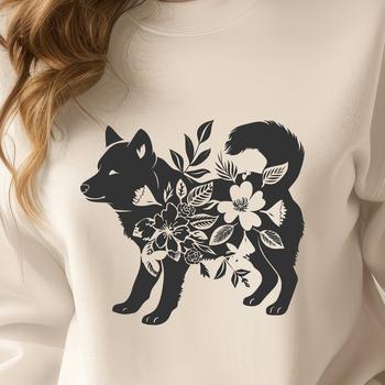 A standing Shiba Inu dog with a floral pattern in the background, suitable for vector art designs.