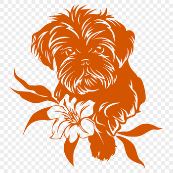 A close-up of a friendly Shih Tzu's face, surrounded by floral patterns.