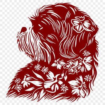 A stylized digital illustration of a Shih Tzu's head with floral patterns.
