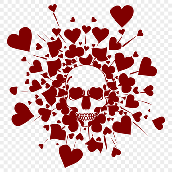 Vector illustration of a skull with decorative love hearts, suitable for tattoo design or clip art.