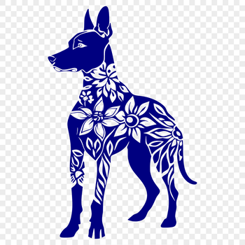 Close-up of a standing Doberman Pinscher with ornate floral patterns in the background.