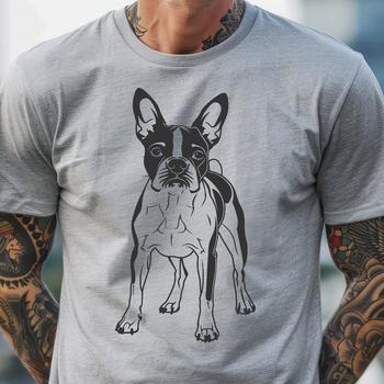 A full-body illustration of a smiling Boston Terrier standing upright with its front paws together.