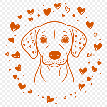 A stylized illustration of a Weimaraner breed dog with heart symbols around it.