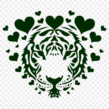 A realistic illustration of a tiger's head with love hearts surrounding it.