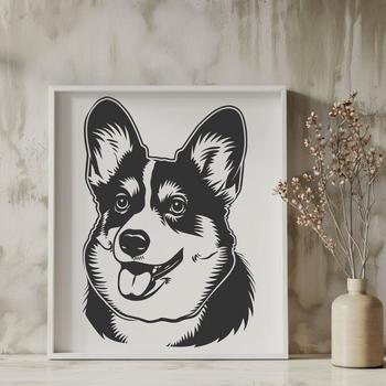 A close-up illustration of a Welsh Corgi's head with detailed features.