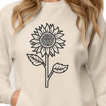 A simple line drawing illustration of a bright yellow sunflower with dark center, ideal for gardening or floral designs.