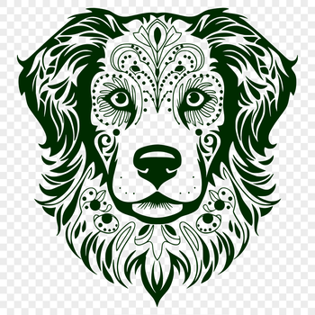 An illustration of a dog's head with intricate features.