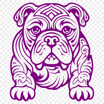 A detailed illustration of a sitting bulldog in a traditional ornate style.