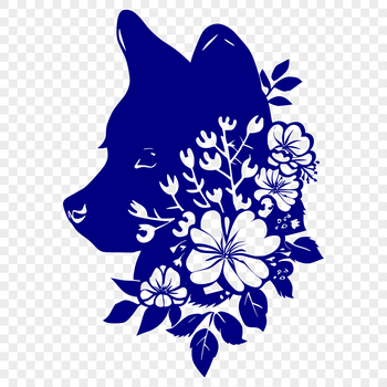 A stylized illustration of a Shiba Inu's head featuring floral patterns.