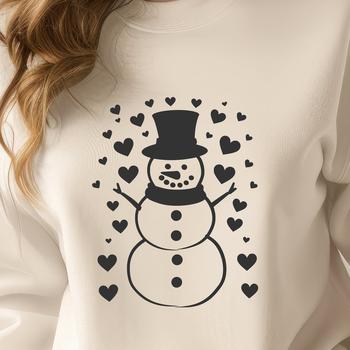 A cheerful snowman created with vector lines and decorated with love hearts.