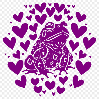A detailed illustration of a toad with love hearts surrounding its body.