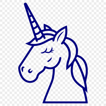 A simple line drawing of a mythical unicorn's head with a single horn and flowing mane.