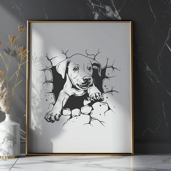 A Weimaraner breed dog in motion, breaking through an imaginary wall.