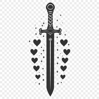 A stylized illustration of a sword with hearts etched into the blade.