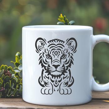 A large, sitting tiger with its full body displayed in a vector design format.