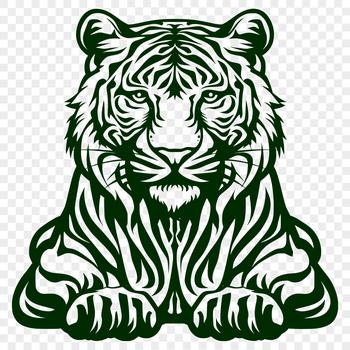 A stylized illustration of a tiger sitting on its haunches, showcasing the animal's full body in detail.