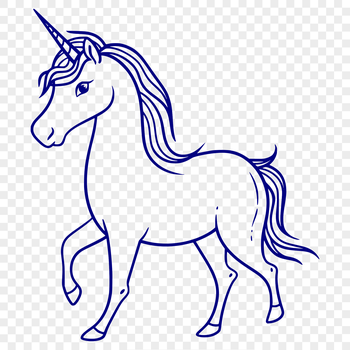 A detailed, full-body illustration of a mythical unicorn from a fairy tale context.