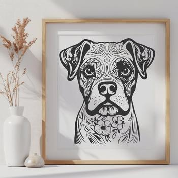 A vector graphic representation of a Boxer animal's face with ornate design elements.