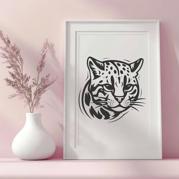 An isolated vector graphic of a wild ocelot's face, highlighting its striking appearance.