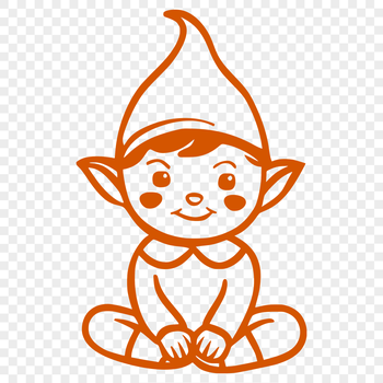 A simple line drawing of a full-body Christmas elf sitting in a festive pose.