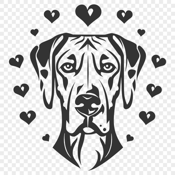A stylized illustration of a Great Dane's head with love hearts, suitable for vector art designs.