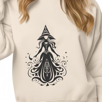 A depiction of a full-body witch surrounded by mystical elements, reflecting the themes of magic and spell-casting.
