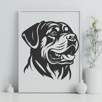 A detailed illustration of a rottweiler's head, suitable for vector art and digital cutting.
