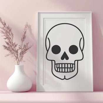 A simple line drawing of a skull, suitable for various uses including Halloween decorations and tattoo designs.