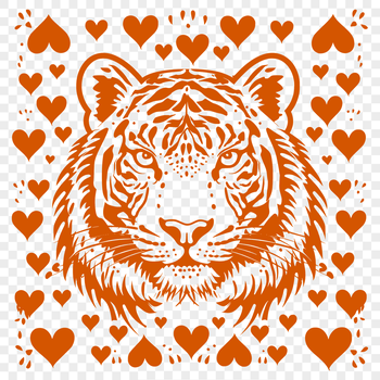 A close-up illustration of a tiger's head with love hearts surrounding the features.
