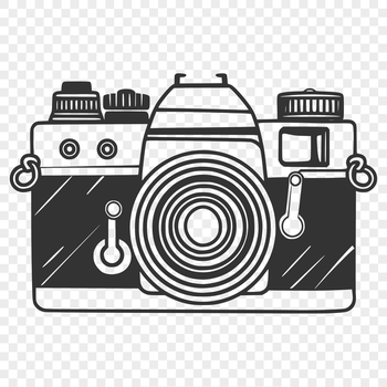 A graphic illustration of a digital camera with lens and viewfinder.