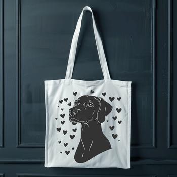 A Weimaraner breed dog depicted with love hearts surrounding its body.