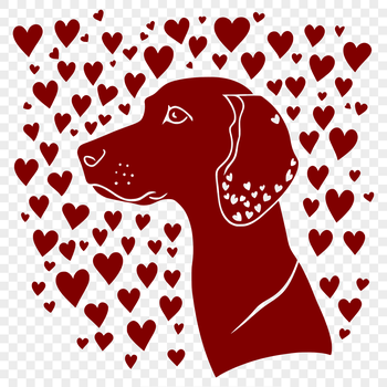 A vector illustration of a Weimaraner breed dog, designed with love hearts.