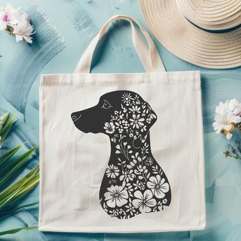 A stylized illustration of a Weimaraner dog breed with intricate floral patterns.