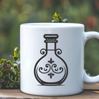 A witch's potion bottle filled with glowing liquid on a dark wooden table, surrounded by candles and mystical symbols.