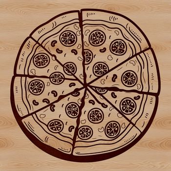 A colorful illustration of a classic Italian-style pizza with various toppings.