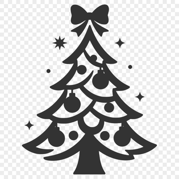 A stylized digital illustration of a classic Christmas tree with ornaments and lights.