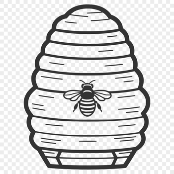 A detailed illustration of a beehive structure with hexagonal cells and a busy bee in flight.