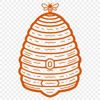 A stylized illustration of a beehive with a single entrance and multiple cells.