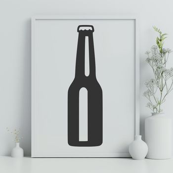 A digital illustration of a glass bottle filled with a golden-colored beverage.