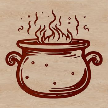 A stylized illustration of a witch's cauldron, surrounded by mystical symbols and foliage, conveying the theme of witchcraft.