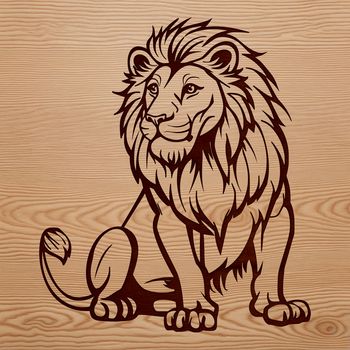 A large, majestic lion sitting on its haunches, characteristic of big cat behavior in the wild.