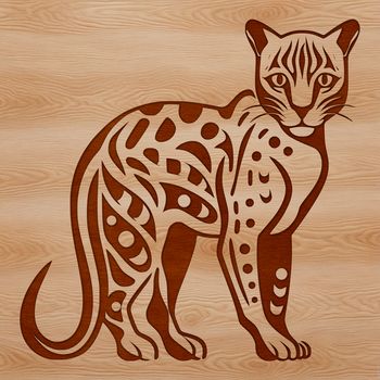 A close-up illustration of a standing ocelot with a wild expression.