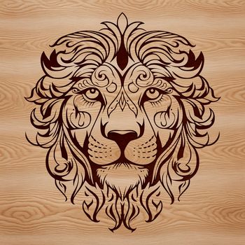 An ornate design of a lion, showcasing its wild appearance as a big cat commonly found in safari environments.