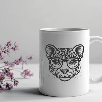 Close-up portrait of a wild ocelot's head with glasses, illustrated in vector format.