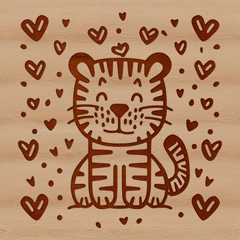 A stylized illustration of a tiger sitting with heart shapes surrounding its body, suitable for various design applications.