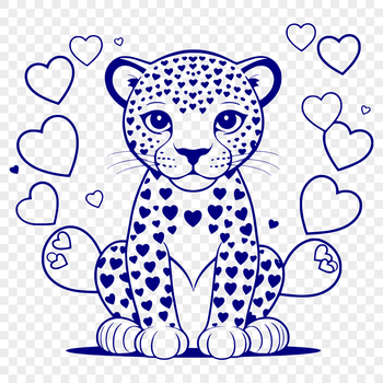 A stylized illustration of a jaguar with overlapping love hearts, showcasing its majestic features.