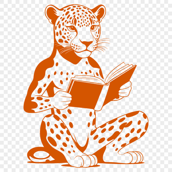 A stylized illustration of a jaguar sitting with a book, representing a big cat in a reading context.