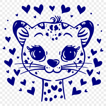 Close-up illustration of a big cat's head with love hearts surrounding its face.