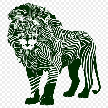 A standing lion with detailed fur and regal demeanor, suitable for illustration or graphic design.